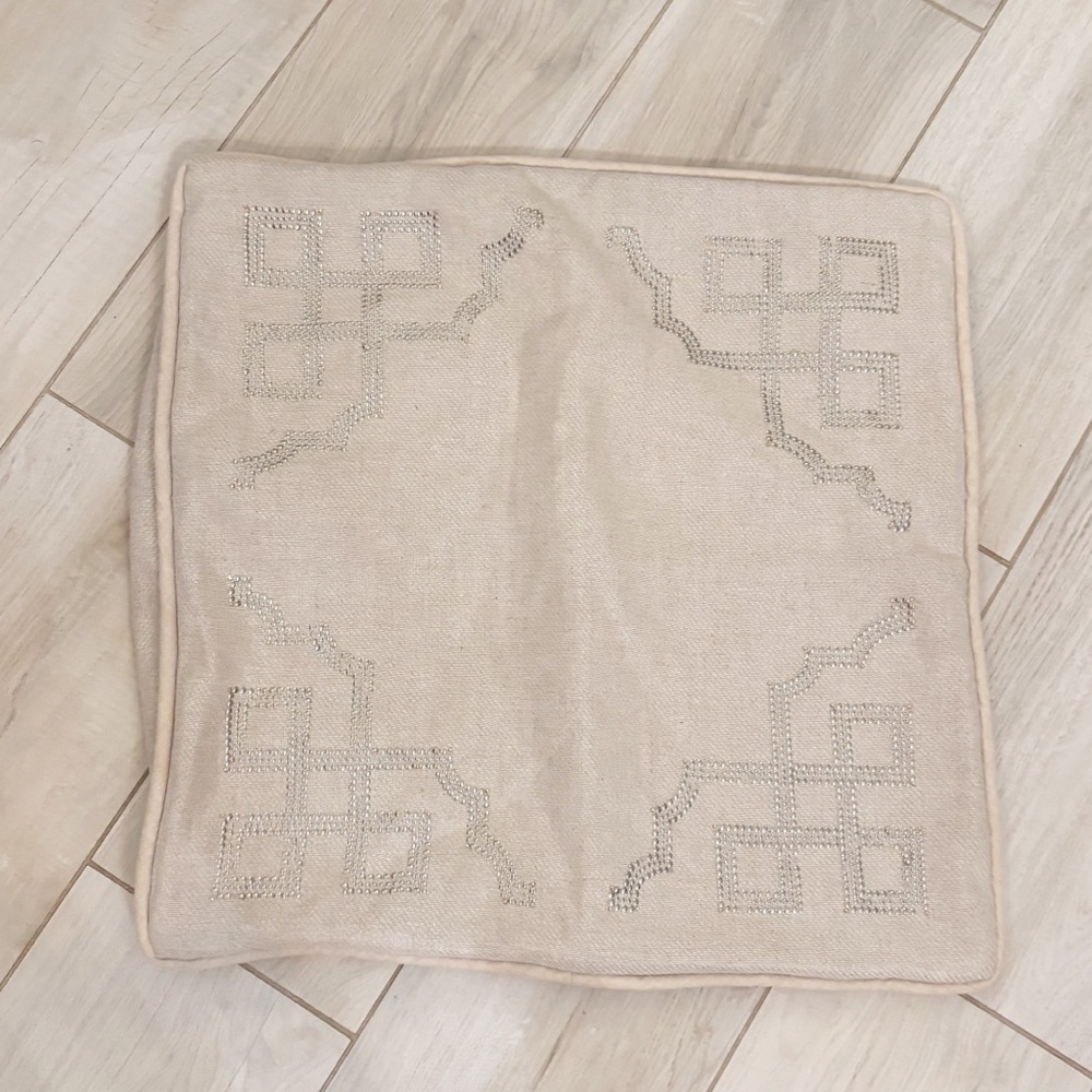 MICHELLE HATCH Beige Studded Embellished Square Linen Blend Pillow Cover 20”X20”